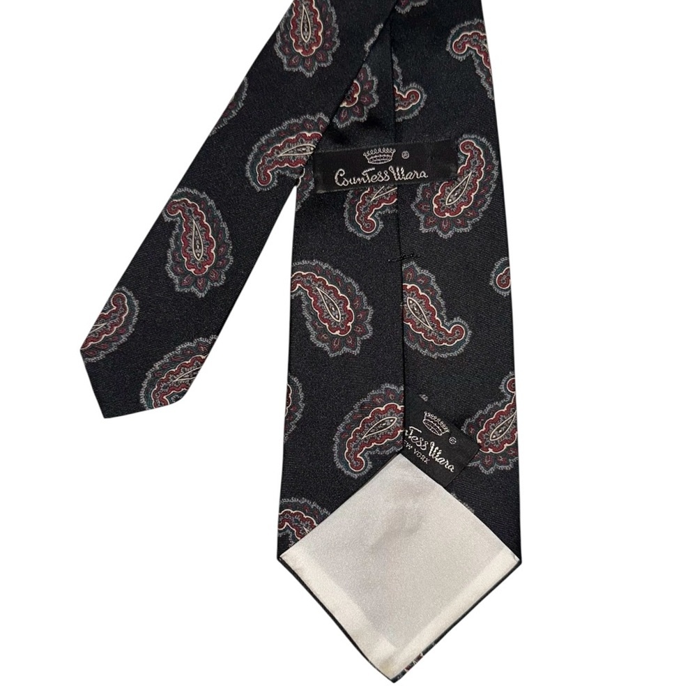 Countess Mara Mens Tie Black Paisley Logo Vintage Necktie 58x3.75” - Picture 3 of 3
